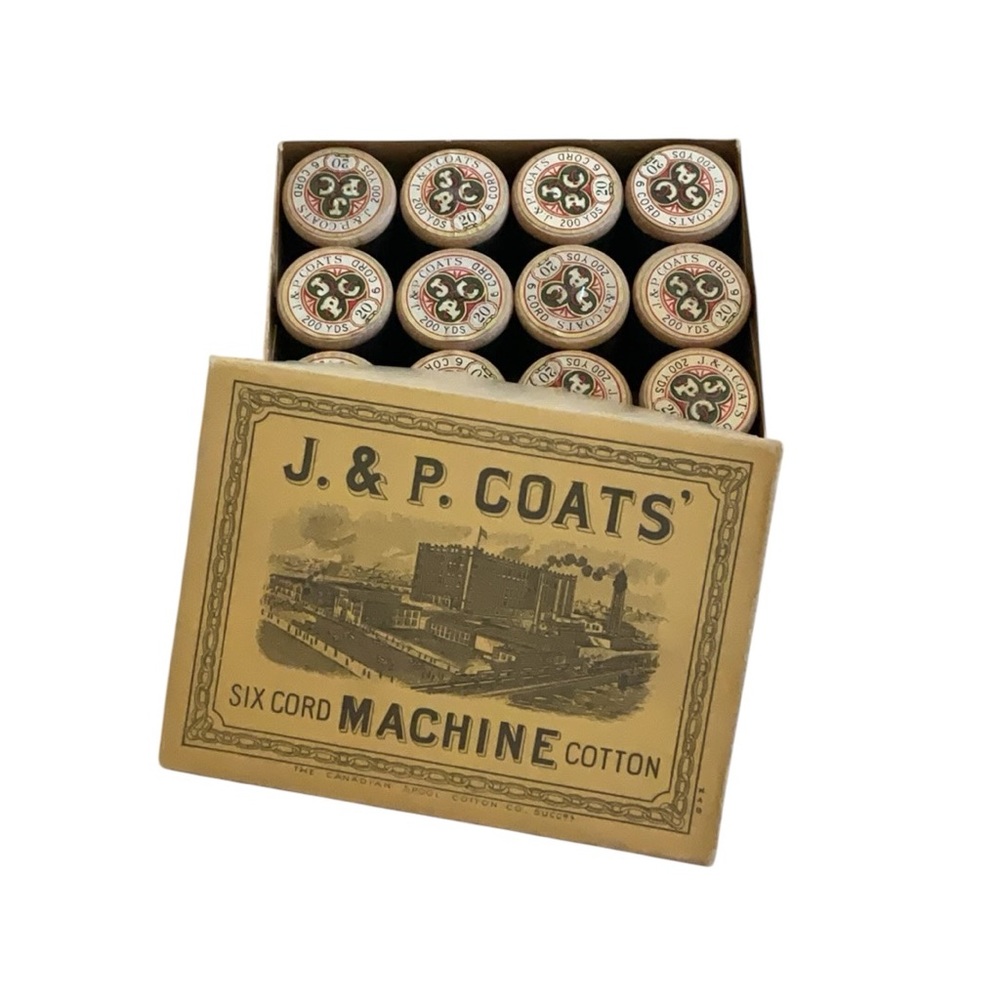 Vintage J&P Coats Box and Thread Wooden Spools. 12 complete spools.